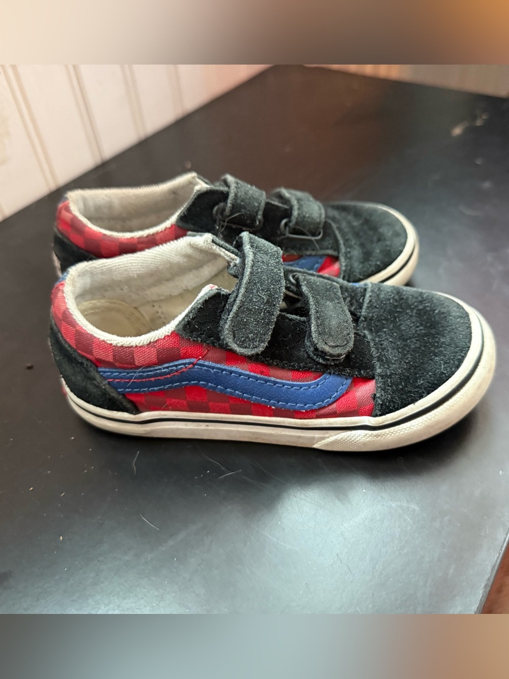 Vans Kids Red Checkered Sneakers with Blue Stripe - Size 8.5